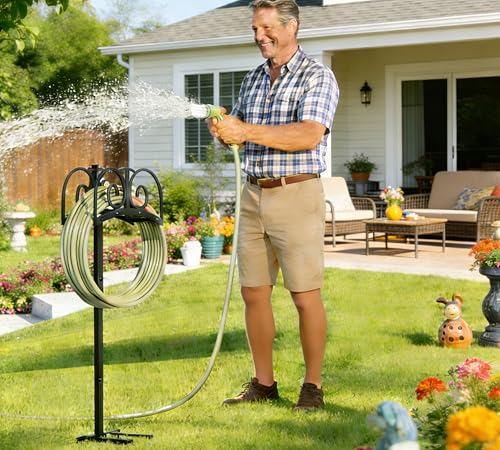 Garden Hose Holder Stand with 4 Spikes, Heavy Duty, Holds 150ft