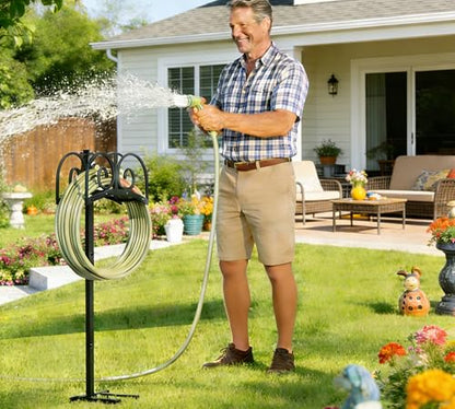 Garden Hose Holder Stand with 4 Spikes, Heavy Duty, Holds 150ft