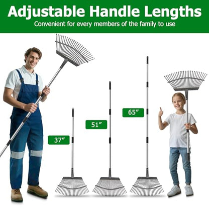2-in-1 Leaf Rake Set with Leaf Scoops, 25-Tine Garden Rake and Grabber for Leaf Cleanup & Picker Up, Adjustable Long Handle, Wide Metal Head for Garden‌, Yard, Soil, Weeds‌, Grass, Camping