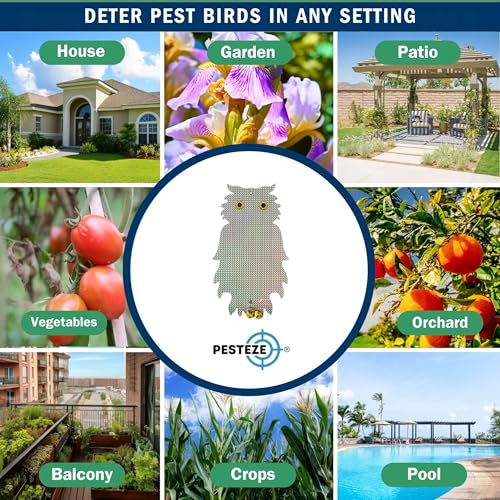 PESTEZE USA Premium Owl Bird Repellent Holographic Decoy with 2 Bells [8.25 × 15 in] Uses Reflective Shine & Sound to Deter Woodpeckers, Pigeons, Crows, Ducks, Geese & Other Outdoor Pests Without Harm