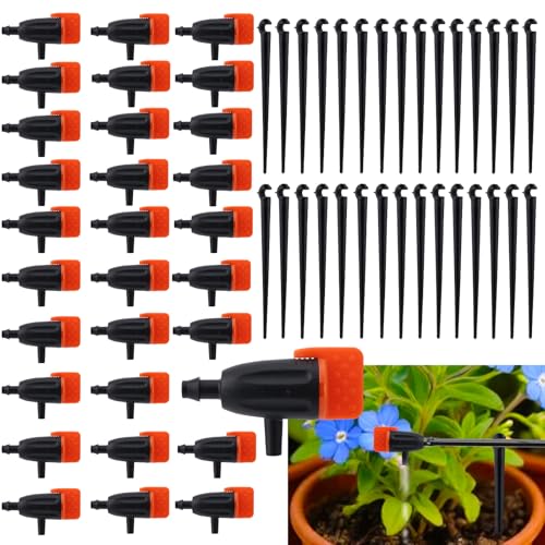 30pcs Drip Irrigation Emitters, Garden Irrigation Drippers with 30pcs Support Stakes Adjustable Drip Emitters Water Dripper for Plants Lawn Flower Watering Accessories