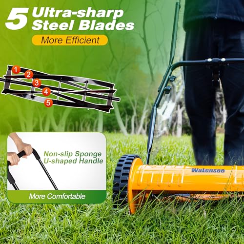 Walensee 14-Inch Manual Lawn Mower, 5-Blade Push Reel, 4 Heights - size: 14-Inch No Catcher