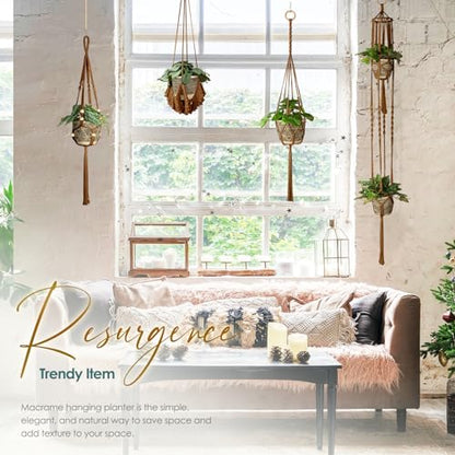 Macrame Plant Hanger Indoor Set of 4, Bohemian Hanging Planter with Tassels - color: Dark Brown