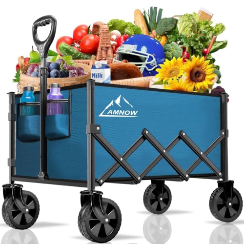 AMNOW 100L Collapsible Wagon Cart with All Terrain Wheels, 350LBS, Blue - color: Blue-3
