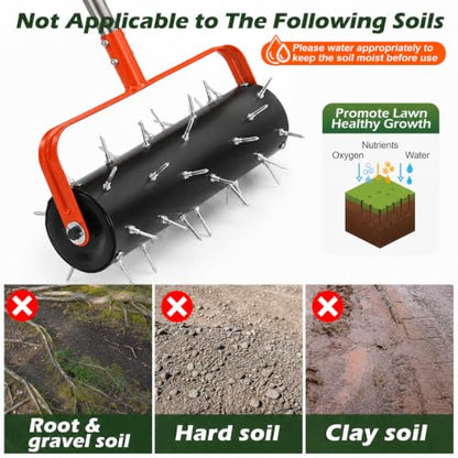 15" Rolling Lawn Aerator Grass Aerator 42 Steel Spikes Manual Aerator Tool