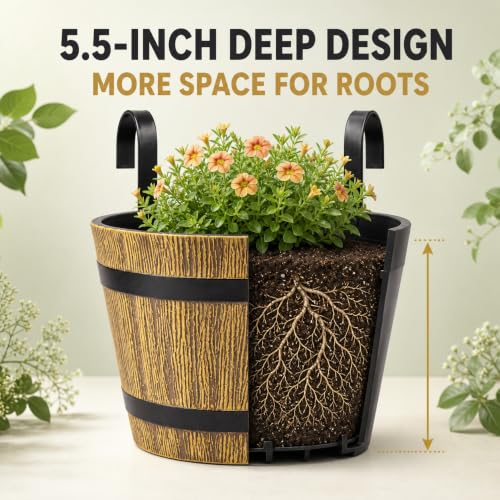2-Pack Hanging Railing Planters, 7 in Rustic Barrel Flower Pots