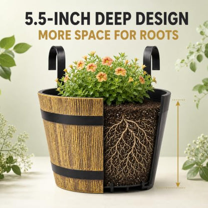 2-Pack Hanging Railing Planters, 7 in Rustic Barrel Flower Pots