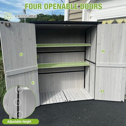 GUTINNEEN Outdoor Storage Shed with Metal Frame,Wooden Tool Cabinet with Adjustable Shelfs, House Garden Shed for Backyard Garden Patio Lawn - size: 55"W White