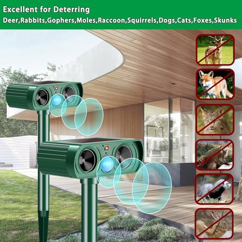 2 Packs Deer Repellent Devices 2026 Solar Power Animal Repeller with Motion Sensor & Ultrasonic Sound, Outdoor Animal Deterrent Devices for Garden Yard Patio to Repel Deer Cat Rabbit Raccoon Dog