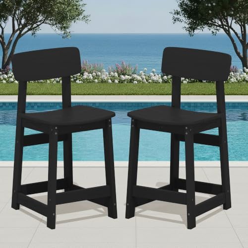 SERWALL Outdoor HDPE Counter-Height Bar Stools Set of 2, Black - color: Black, size: 2 Bar Stools