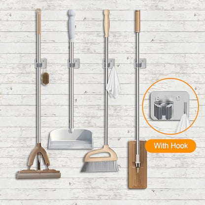 4 Pack Stainless Steel Heavy Duty Broom Holder Wall Mount with Hook, Silver - color: C-Sliver, size: 4PCS Gripper
