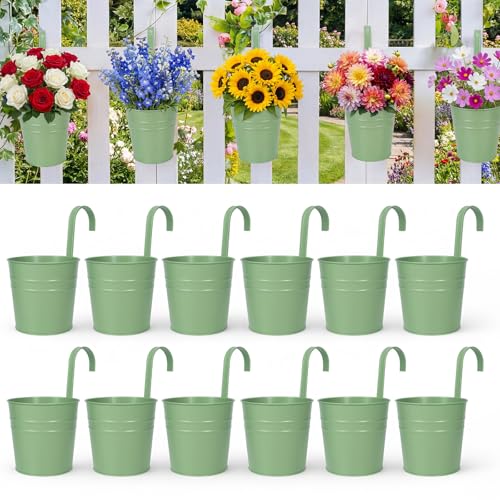 HowRU Hanging Flower Pots, Railing Planter Box for Outdoor Plants 12 Pack 5 Inch Metal Hanging Planters with Detachable Hooks Balcony Window Fence Garden Decoration Flower Boxes (Green) - color: Green(5in)