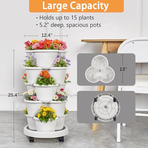 VECELO 5 Tier Vertical Garden Planter, Self Watering Stackable Planters with Wheels for Strawberries, Herbs, Flowers, Vegetables, Gray - color: Gray, size: 5 Tier