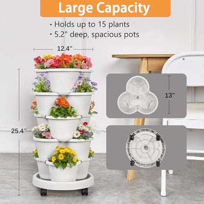 VECELO 5 Tier Vertical Garden Planter, Self Watering Stackable Planters with Wheels for Strawberries, Herbs, Flowers, Vegetables, Gray - color: Gray, size: 5 Tier