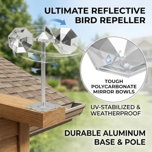 Bird Scare Reflective Device,Silver, Wind Powered Spinning,Bird Scare for Outside, Keep Pigeon Woodpeckers and Seagull Away for Garden Patio Yard,1PCS