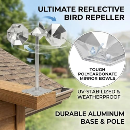 Bird Scare Reflective Device,Silver, Wind Powered Spinning,Bird Scare for Outside, Keep Pigeon Woodpeckers and Seagull Away for Garden Patio Yard,1PCS