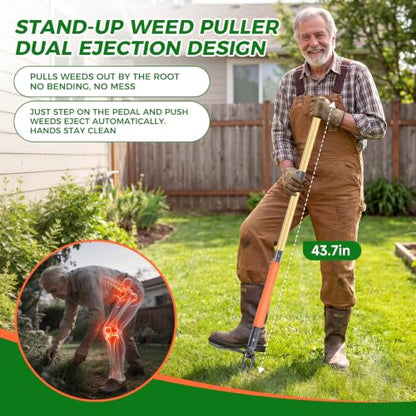 Stand Up Weed Puller Tool, 4-Claw Steel Head with Dual-Eject Design - color: orange