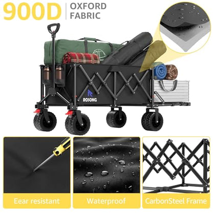 220L Folding Wagon with Detachable 14 Gallon Cooler Bag, Extra Large All-Terrain Heavy Duty Collapsible Beach Wagon Cart with Big Wheels, Foldable Utility Cart for Camping, Tailgate - color: Black, size: 220L