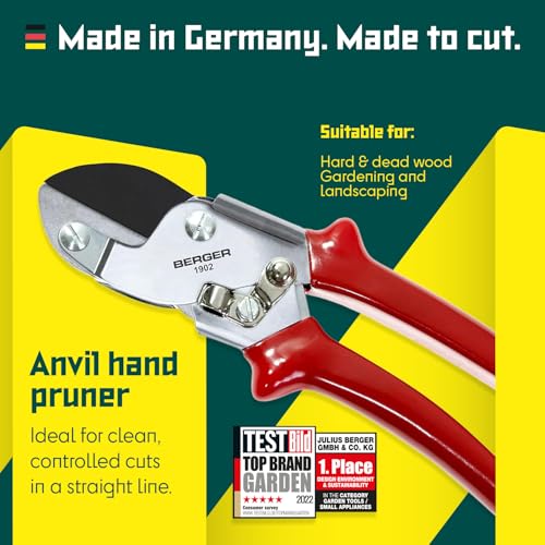 BERGER Anvil Hand Shears – Professional Garden Pruners with Anti-Stick Replaceable Blade, Non-Slip Handles, For Cutting Hard & Resinous Wood, Trimming – 1902