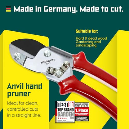 BERGER Anvil Hand Shears – Professional Garden Pruners with Anti-Stick Replaceable Blade, Non-Slip Handles, For Cutting Hard & Resinous Wood, Trimming – 1902