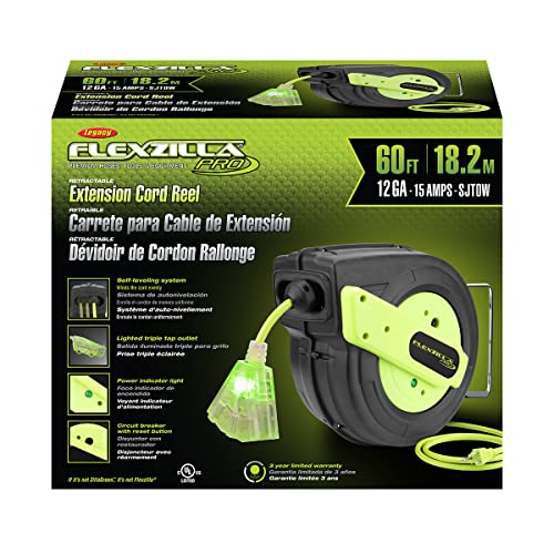 Flexzilla Retractable Extension Cord Reel, 12/3 AWG SJTOW Cord, 60', Grounded Triple Tap Outlet, ZillaGreen, FZ8120603 - size: 60ft / 12 Gauge