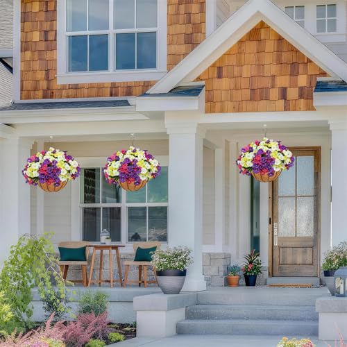 2 Set Artificial Hanging Flowers with Basket for Outdoor Decor - color: Morning Glory