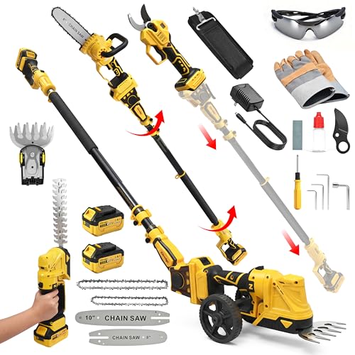 8”/ 10” Electric Pole Saw, Pruning Shears, Pole Hedge Trimmer, Grass Shears Combo, Extendable Garden Tools for Outdoor & Yard Use, Cordless Tree Pruner, Branch Cutter, Compatible with Dewalt Battery - color: Yellow
