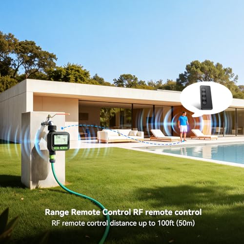 NexusLab Sprinkler Timer with Remote Control, 4-Program Automatic Hose Watering Controller for Garden, Lawn and Greenhouse, Rain Delay, Manual Watering, Child Lock, IP65 Outdoor Design