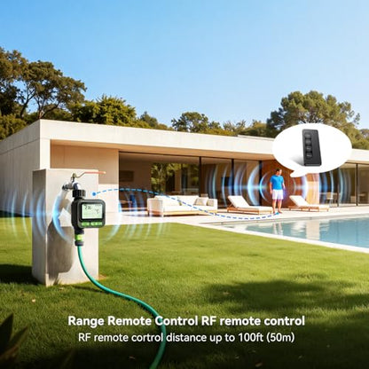 NexusLab Sprinkler Timer with Remote Control, 4-Program Automatic Hose Watering Controller for Garden, Lawn and Greenhouse, Rain Delay, Manual Watering, Child Lock, IP65 Outdoor Design