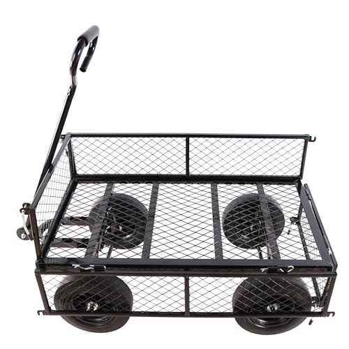 Solid Wheels Wagon cart Large-Capacity mesh Steel Garden Trolley with Detachable Side Without Inflatable Tires can be Used in fams,Warehouses and so on.The Load can Reach 1100 pounds. - color: Black Solid Wheels