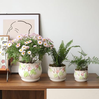 Ceramic Plant Pots with Drainage Holes and Saucers, Small Planters Set of 3 - color: White03