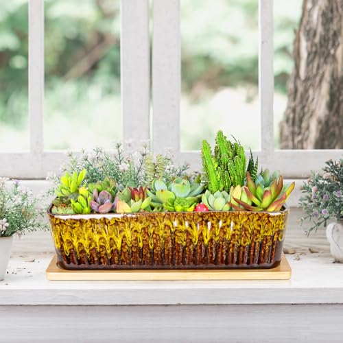 Succulent Pots, 12'' Long Rectangle Planters with Tray, Windowsill Planter - color: Yellow