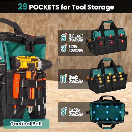 FamilyKit 17-Inch Heavy Duty Tool Bag for Men with 28 Multipurpose Pockets - color: Black-Green Tool Bag