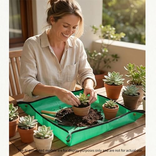 Repotting Mat for Indoor Plants, Green, Thickened PE, 26.8x26.8 Inch, Waterproof Portable Potting Tray for Transplanting and Dirt Control