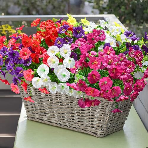 Artificial Flowers Fake Plants for Outdoors Decoration, 12 Bundles Silk Morning Glory with Eucalyptus Realistic UV Resistant Faux Flowers for Outside Planter Porch Yard Patio Garden Home Indoor, Mix - color: 6 Mixed Color(2 Fuchsia, 2 Purple, 2 Yellow, 2