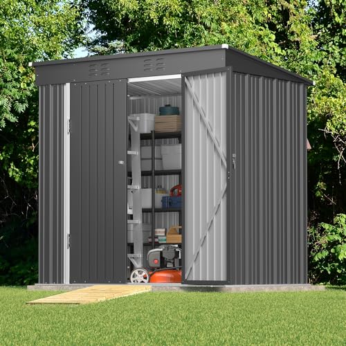 Gizoon 6x4 FT Outdoor Shed, Metal Garden Shed Lockable Doors, Dark Gray - color: Dark Gray, size: 6' x 4' FT/Sloped-roof