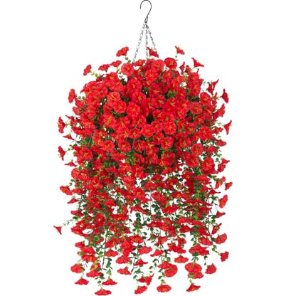 Artificial Flowers with Hanging Basket, Outdoor Faux Plants UV Resistant - color: Red