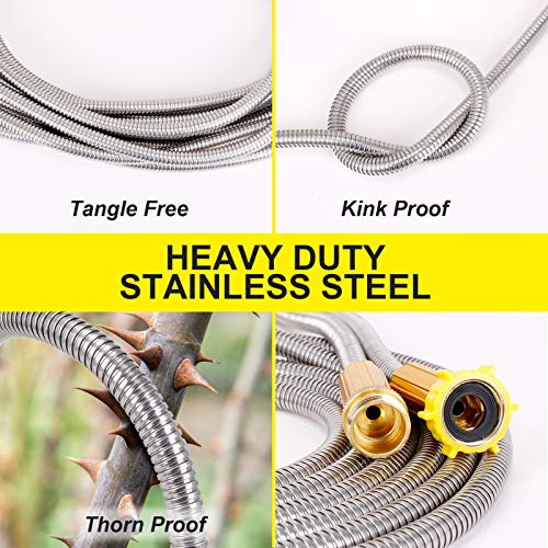 Metal Garden Hose 50FT - Stainless Steel Heavy Duty Water Hose with Metal Nozzle & 8 Function Sprayer, Portable & Lightweight Kink Free Yard Hose, Outdoor Hose