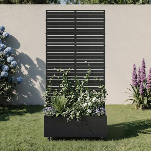 Metal Raised Garden Bed with Trellis and Wheels, 71"x35"x16" Planter Box with Privacy Screen & Drainage Holes, Mobile Outdoor Garden Bed for Climbing Plants, Vegetables, Flowers (Black-Louvered) - color: Black-louvered, size: 71"x35"x16"