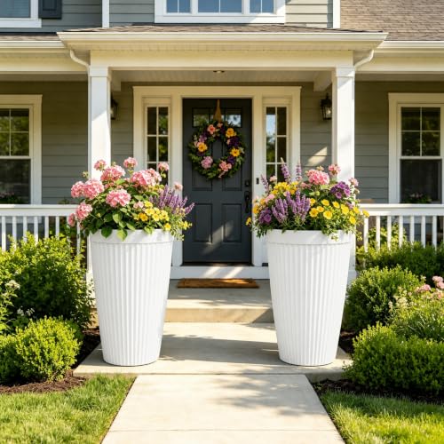 Autodaya 20" Tall Fluted Resin Planters Set of 2 with Drainage Holes - color: White Fluted-20"h