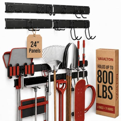 VAULTON 96" Garage Wall Organizer, Metal Tool Rack, 4 Rails 11 Hooks - size: 96" - 15 piece kit