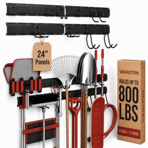 VAULTON 96" Garage Wall Organizer, Metal Tool Rack, 4 Rails 11 Hooks - size: 96" - 15 piece kit