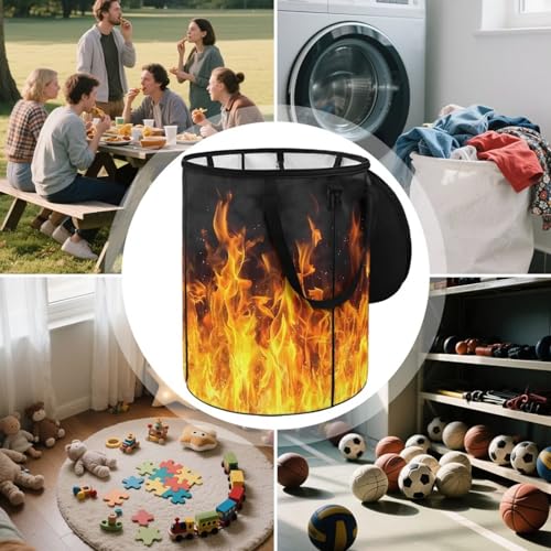 BIGCARJOB Collapsible Garbage Can Fire Print Trash Can Outdoor Waterproof Recycling Bin Storage Bag Holder Trash Bin with Lid and Clip, 22.83x17.71 in - color: Fire Print