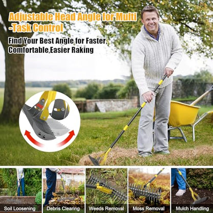 Manual Thatch Rake, 15" Dual-Sided Head with 19 Sharp Tines,55" Adjustable - size: 55''