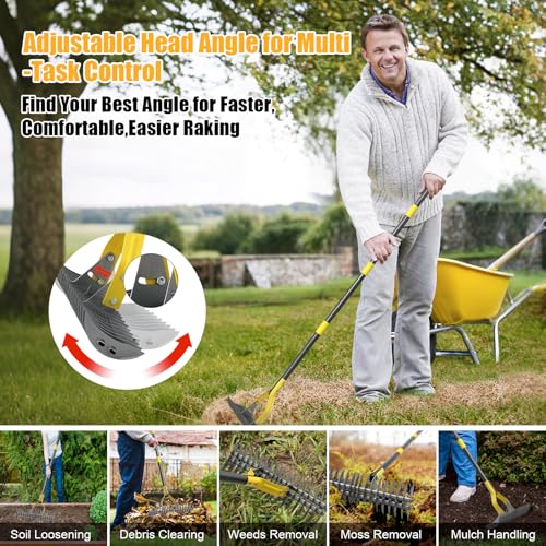 Manual Thatch Rake, 15" Dual-Sided Head with 19 Sharp Tines,70" Adjustable - size: 70''