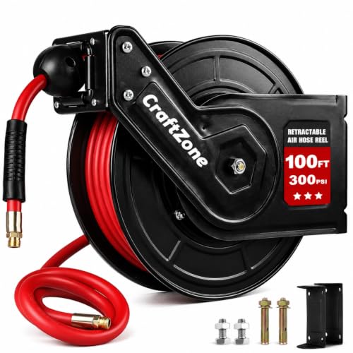 Retractable Air Hose Reel 100 FT | 300 PSI Air Compressor Hose Reel|3/8 Hybrid Polymer Hose | Heavy-Duty Steel Wall Mount Swivel Bracket|Auto Rewind | All-Weather Retractable Air Hose - Red - size: 100ft