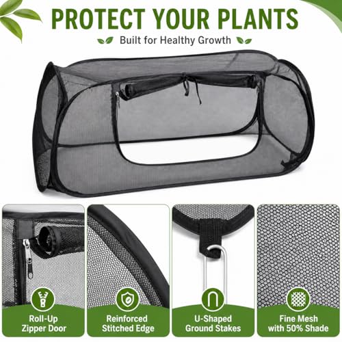 2PCS Pop Up Mesh Plant Covers for Raised Beds, Foldable Garden Bed Shade Cover（45 x 22 x 18 in）- 50% Sunblock Mesh Cover with Zipper Door & 16 Stakes for Vegetables Seedlings Herbs（Black）