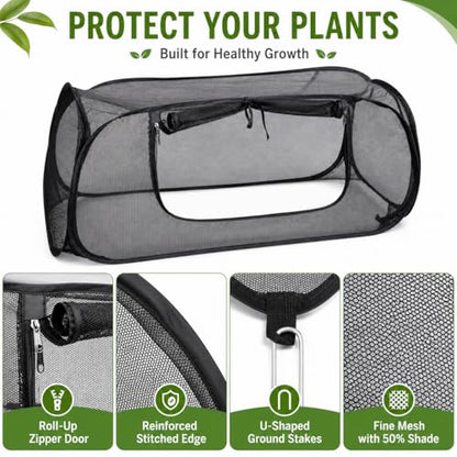 2PCS Pop Up Mesh Plant Covers for Raised Beds, Foldable Garden Bed Shade Cover（45 x 22 x 18 in）- 50% Sunblock Mesh Cover with Zipper Door & 16 Stakes for Vegetables Seedlings Herbs（Black）