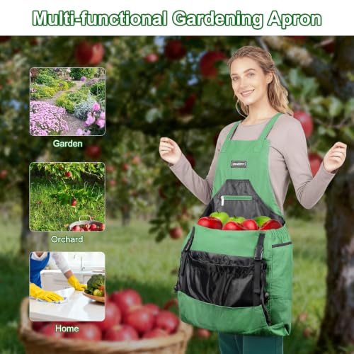 Garden Apron,Harvest Aprons with Drawstring Bag and Pockets for Women and Men,Canvas Fruit Picking Apron - color: Green