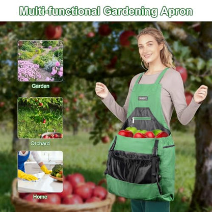 Garden Apron,Harvest Aprons with Drawstring Bag and Pockets for Women and Men,Canvas Fruit Picking Apron - color: Green